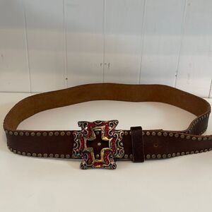Brown Leather With Red Crystal Maltese Cross Belt